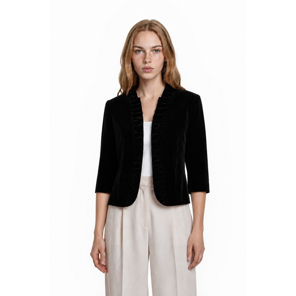 Ann Taylor Velvet Blazer Women's Size 14 Black Ruffle Trim Open Front Jacket